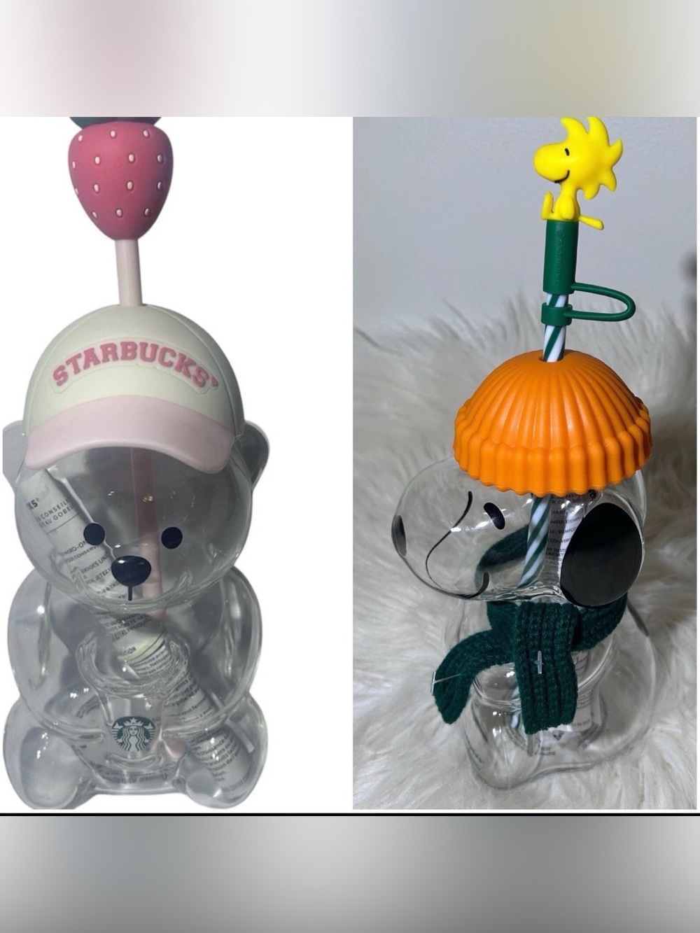 Starbucks 2026 Pink Barista Bear and Snoopy Glass Cold Cups 20oz. NEW!